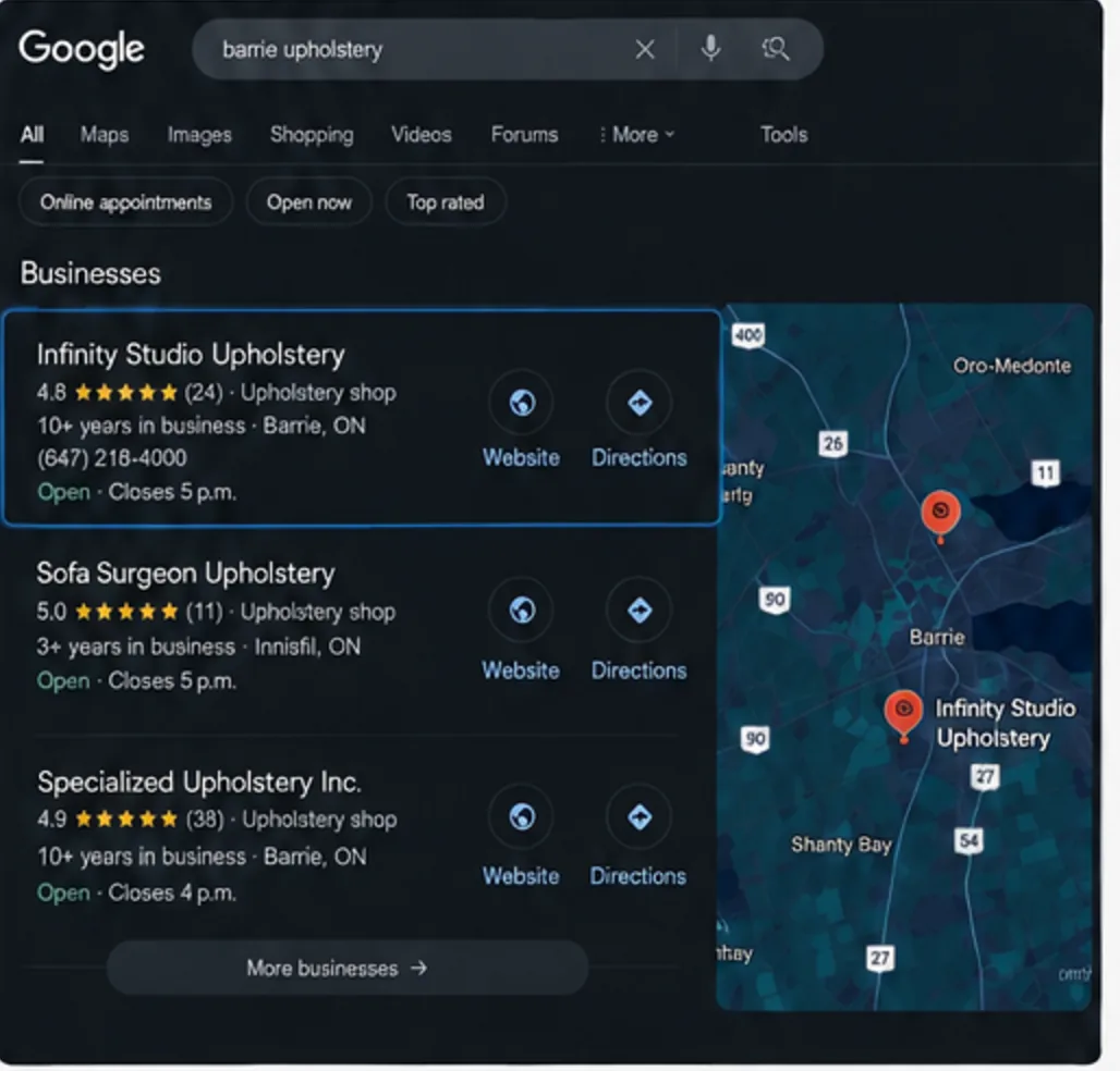 Google local pack for “barrie upholstery” showing Infinity Studio Upholstery first